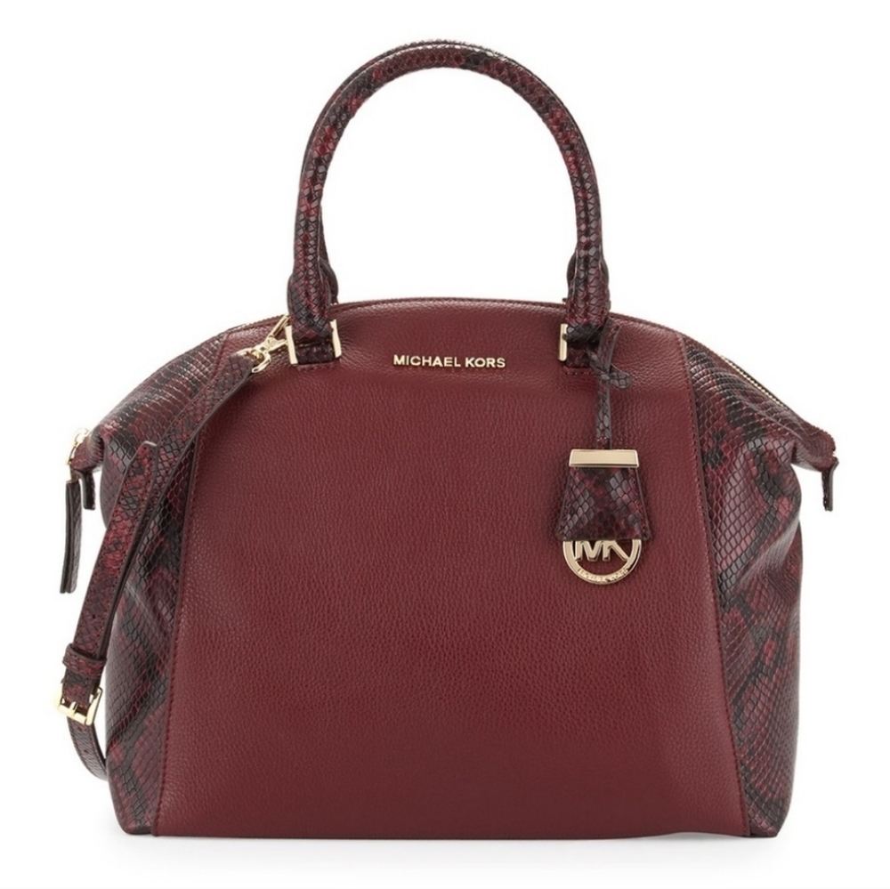 Authentic Michael Kors Riley Merlot Large Pebbled Leather Satchel Bag